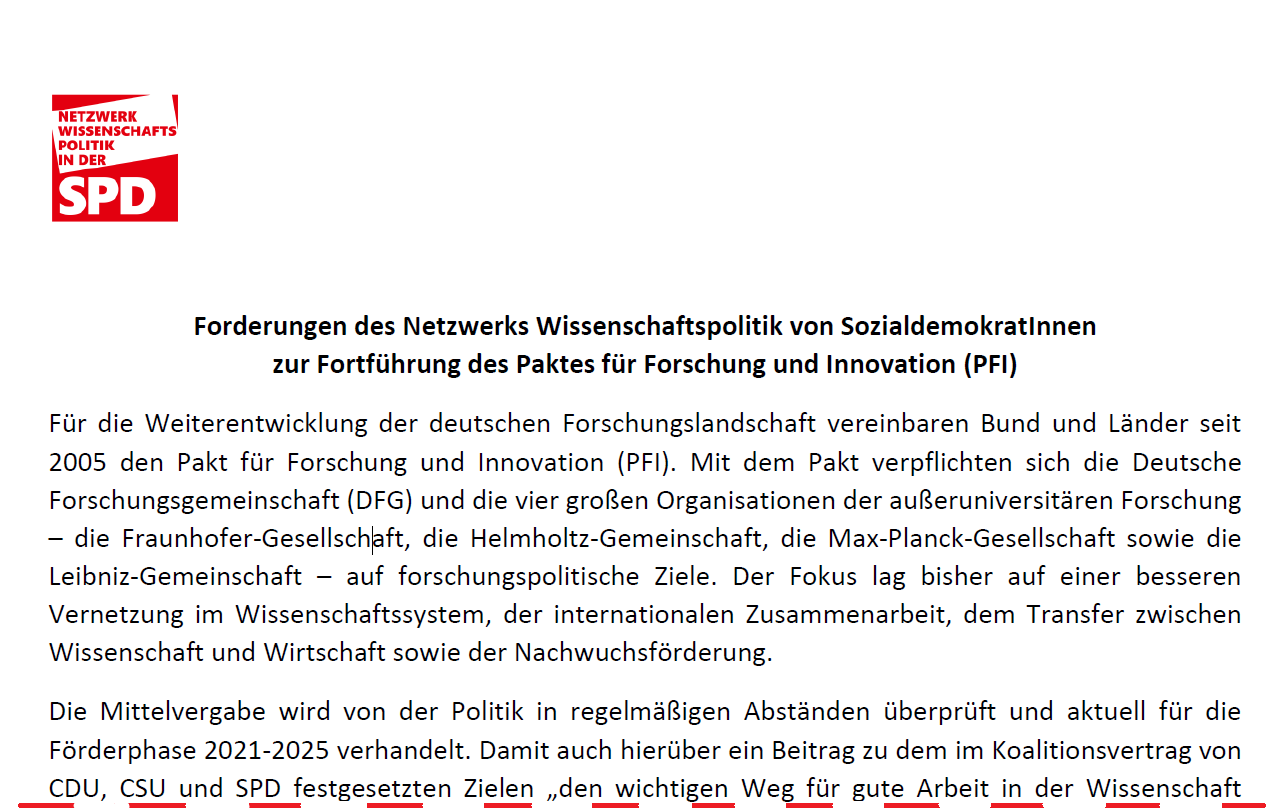 Forderungen des Netzwerks Wissenschaftspolitik von SozialdemokratInnen zur Fortführung des Paktes für Forschung und Innovation